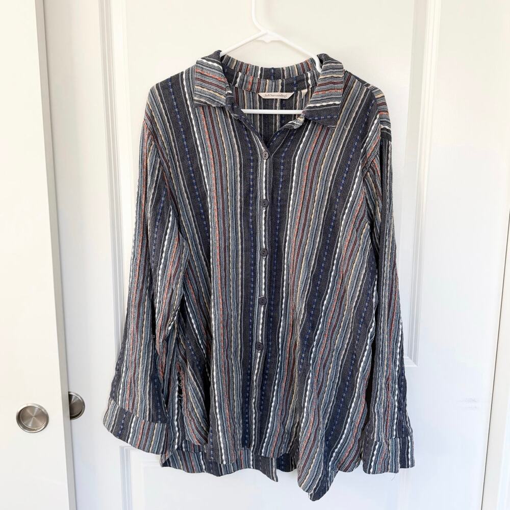 Soft Surroundings Shirina Striped Textured Button Back Cotton Blouse 1X